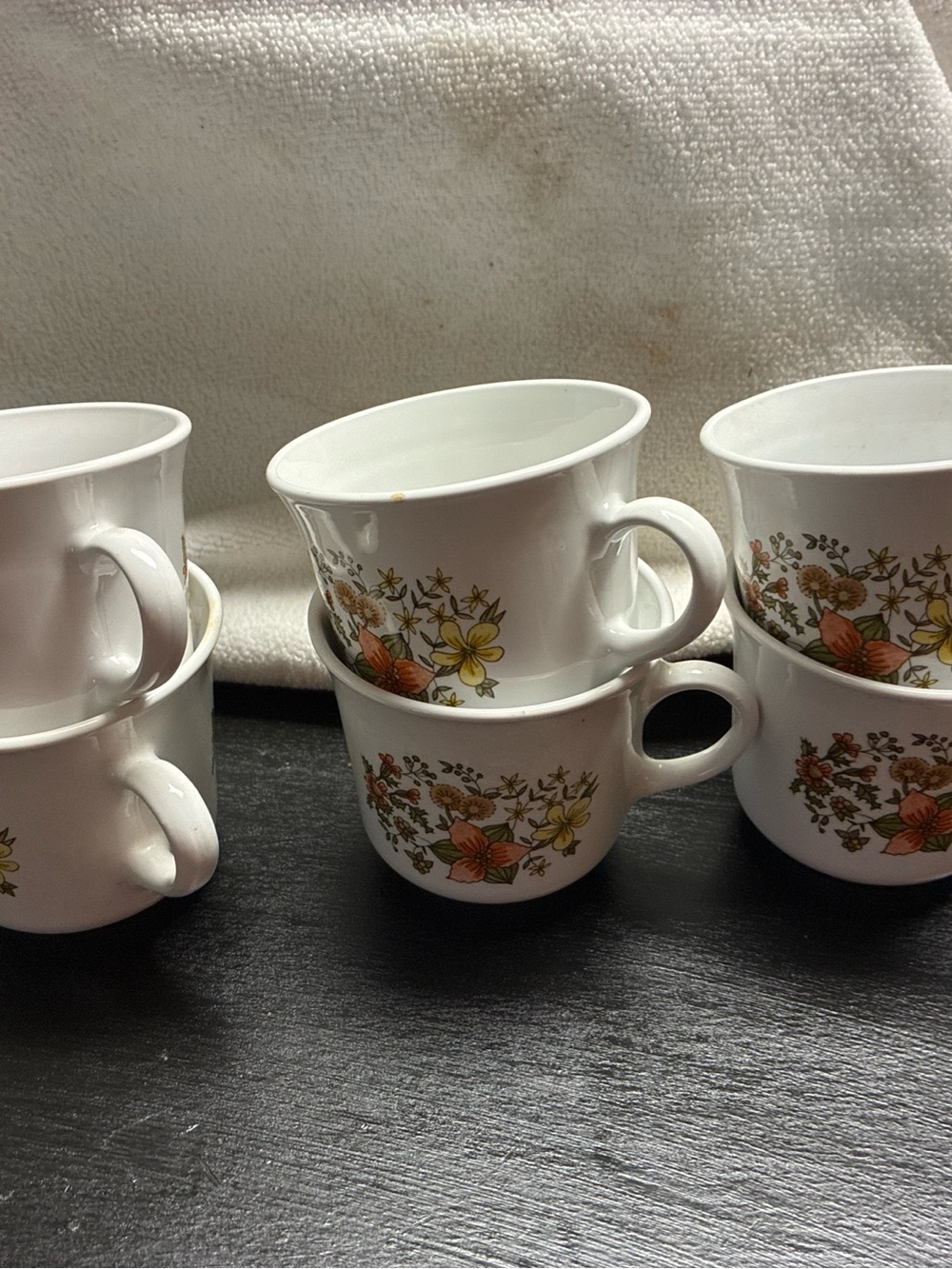 Corelle White Stoneware Cups with Orange and Yellow Floral Motif - Set of 6